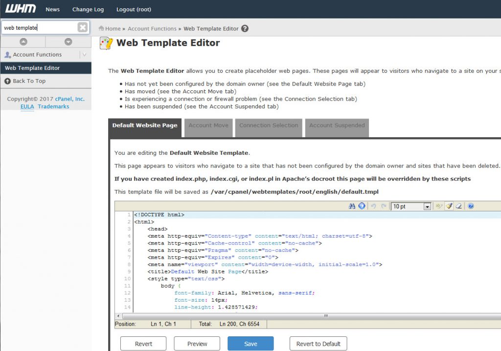 whm web template editor - Change The Default Website Page